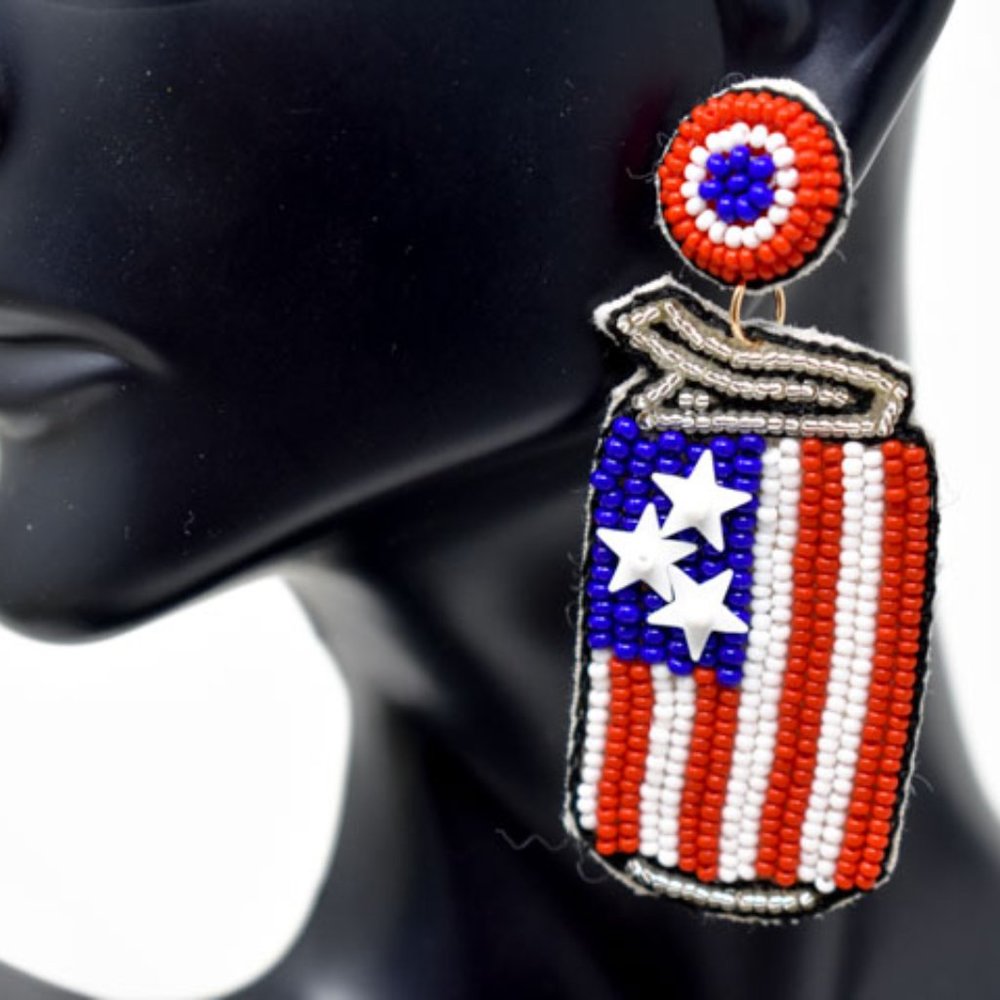 2.25" American Flag Patriotic Beer Can Earrings - Picture 8 of 10